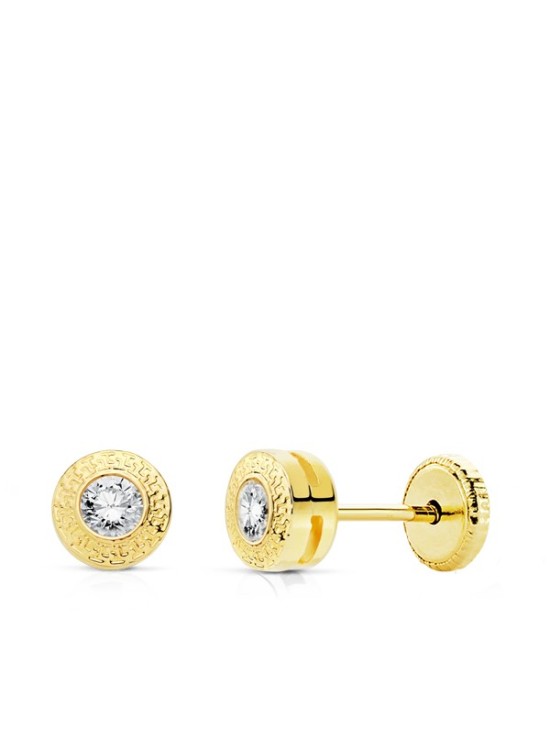 Brincos Ouro Amarelo 18k Chaton Greca com Zircónia Natural