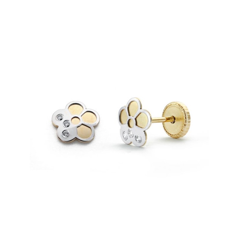 Pendientes Bicolor Flor Circonitas 18k: Compra Aquí