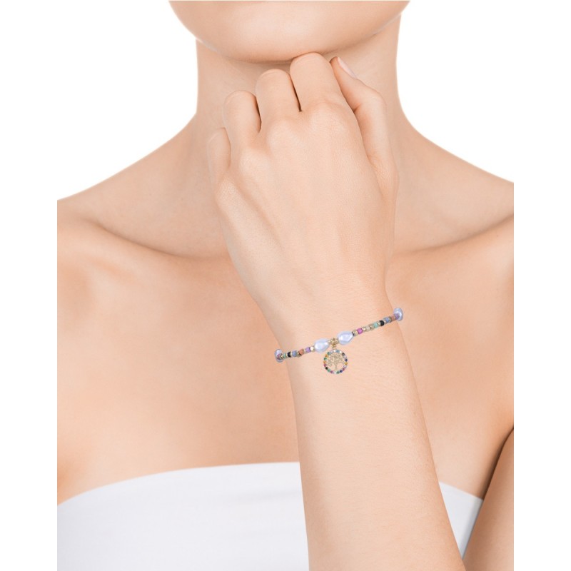 Pulsera de mujer de acero Ip dorado rígida abierta con piedras