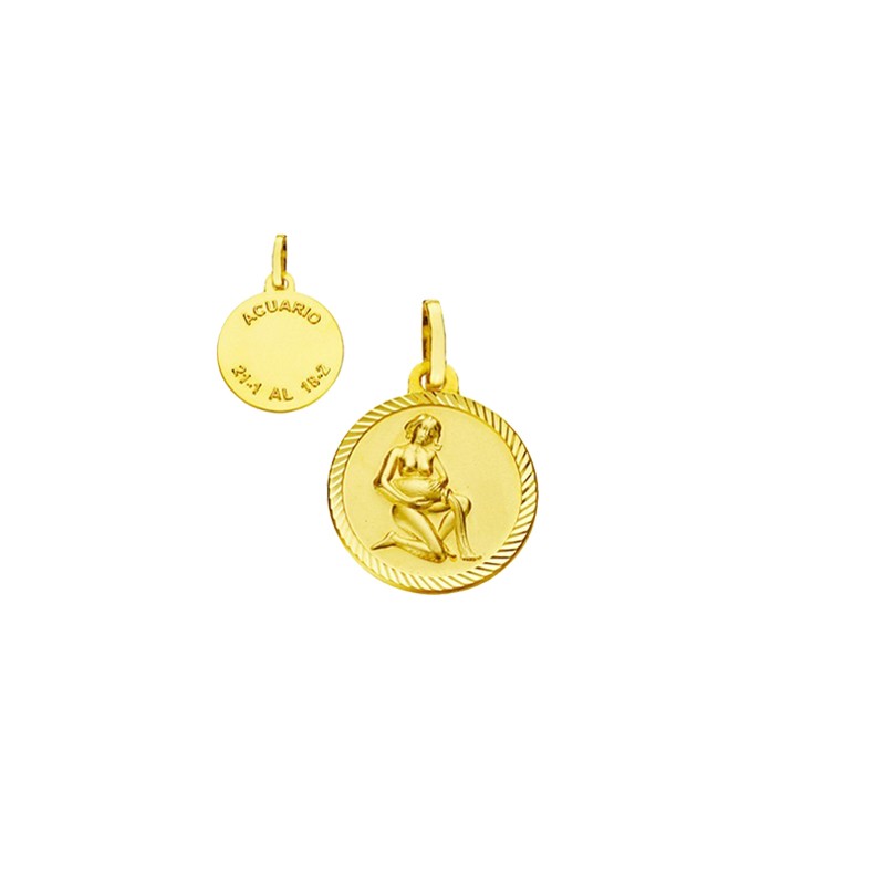 Aquarius Horoscope Gold Medal with Carved Edge | Parejo Jewelry