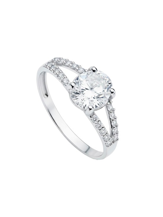 Anillo Solitario Mujer Oro Blanco 18K Circonita Oval | Joyería Parejo