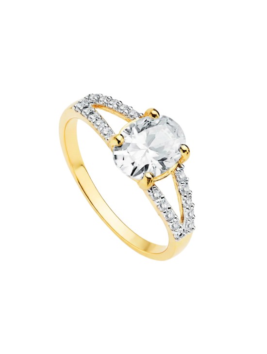 Anillo Solitario Mujer Oro Bicolor 18K Circonita Oval | Joyería Parejo