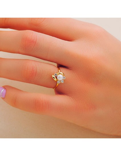Anillo Sortija Niña Oro 18K Circonitas y Perla 5 mm | Joyería Parejo