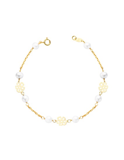 Pulsera Niña Oro 18K Flores Caladas y Perlas 17 cm | Joyería Parejo