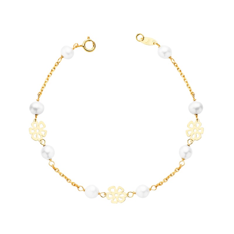 Pulsera Niña Oro 18K Flores Caladas y Perlas 17 cm | Joyería Parejo