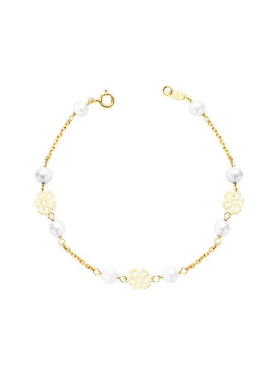 Pulsera Niña Oro 18K Flores Caladas y Perlas 17 cm | Joyería Parejo
