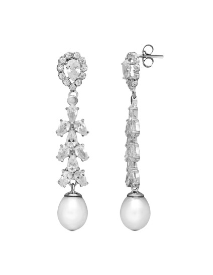 Pendientes Oro Blanco 18K 47x8 mm Perla y Circonitas | Joyería Parejo