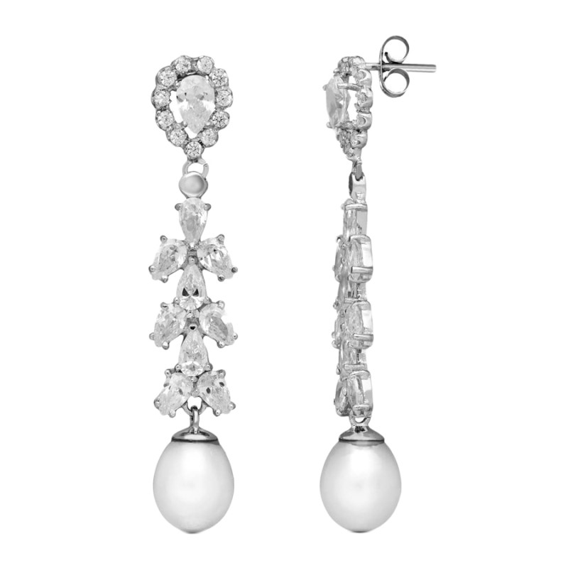 Pendientes Oro Blanco 18K 47x8 mm Perla y Circonitas | Joyería Parejo