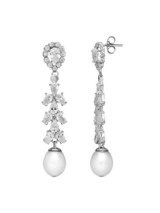 Pendientes Oro Blanco 18K 47x8 mm Perla y Circonitas | Joyería Parejo
