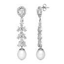 Pendientes Oro Blanco 18K 47x8 mm Dos Cuerpos con Perla Cultivada y Circonitas Pera