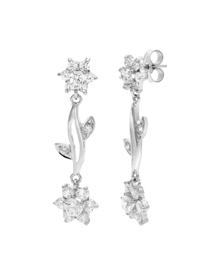 Pendientes Oro Blanco 18K 30x9 mm Flor Circonitas | Joyería Parejo