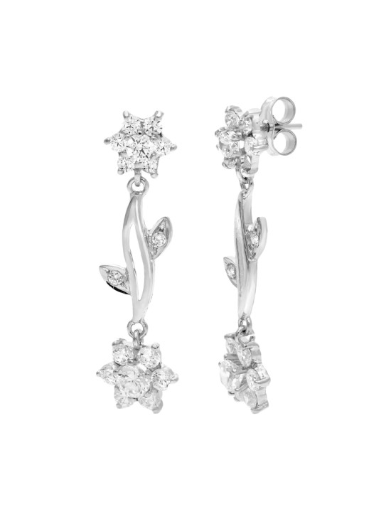 Pendientes Oro Blanco 18K 30x9 mm Flor Circonitas | Joyería Parejo