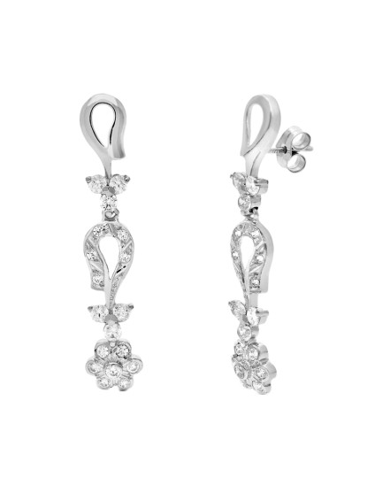 Pendientes Oro Blanco 18K 42x7 mm Articulado con Flor | Joyería Parejo