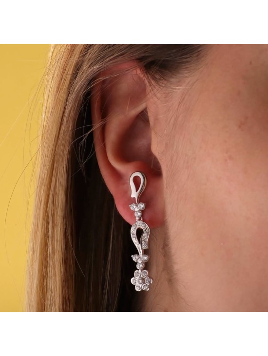 Pendientes Oro Blanco 18K 42x7 mm Articulado con Flor | Joyería Parejo