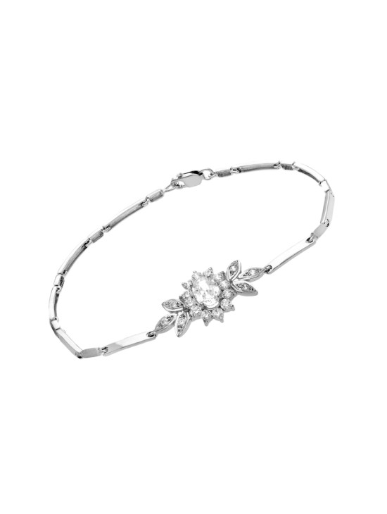 Pulsera Oro Blanco 18K 19 cm Rosetón con Circonitas | Joyería Parejo