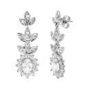 Pendientes Oro Blanco 18K 33x11 mm Rosetón y Hojas con Circonitas