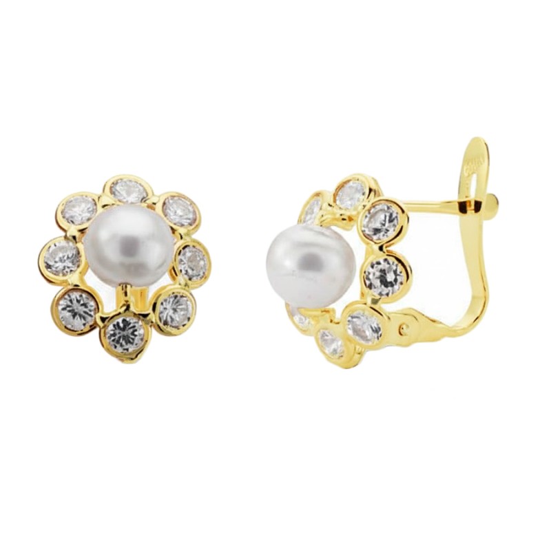 Pendientes Oro 18K Perla con Circonitas 11x9 mm | Joyería Parejo
