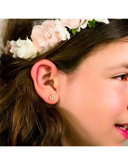 Pendientes Oro 18K 8x8 mm Flor y Circonita | Joyería Parejo