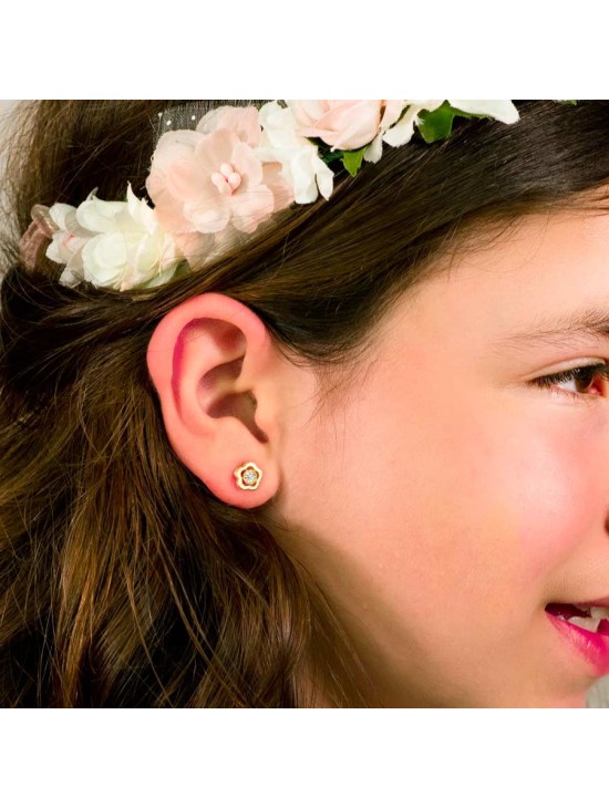 Pendientes Oro 18K 8x8 mm Flor y Circonita | Joyería Parejo