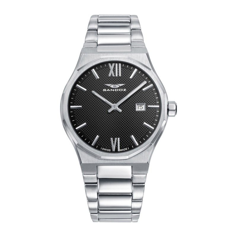 Sandoz 83013-53 Men's Silver Steel Watch with Black Dial Elegant