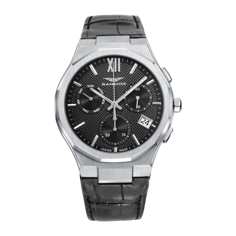 Sandoz 83015-53 Men's Chronograph Watch Black Leather Steel
