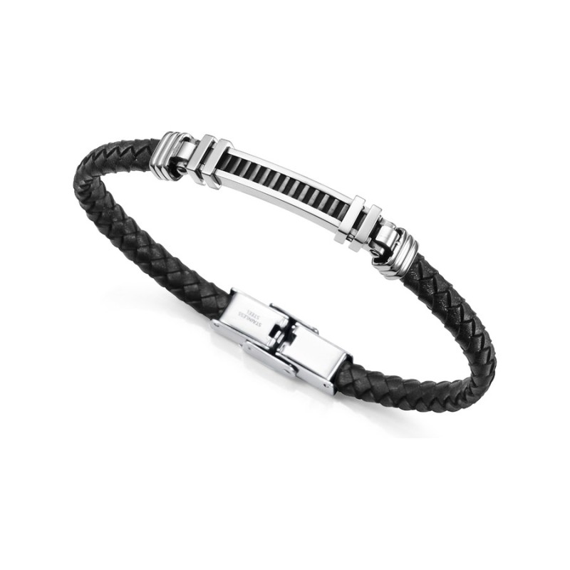 Pulsera Fn 14120P01010 Hombre Acero y Piel Negra elegante
