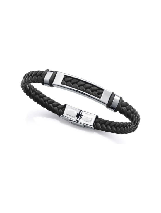 Men's Sr Fashion 14310P01010 Bracelet Steel with Black Leather