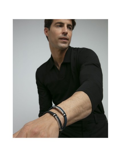 Men's Sr Fashion 14310P01010 Bracelet Steel with Black Leather